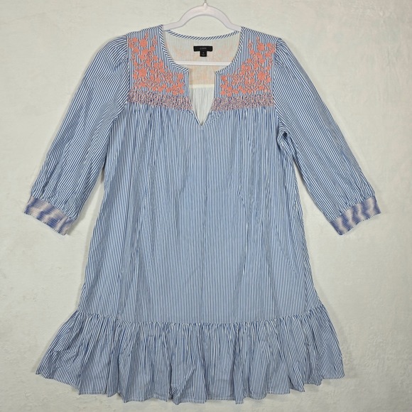 J.CREW Dresses & Skirts - J Crew Embroidered Popover Blue White Striped Tiered Above Knee Dress Sz Small
